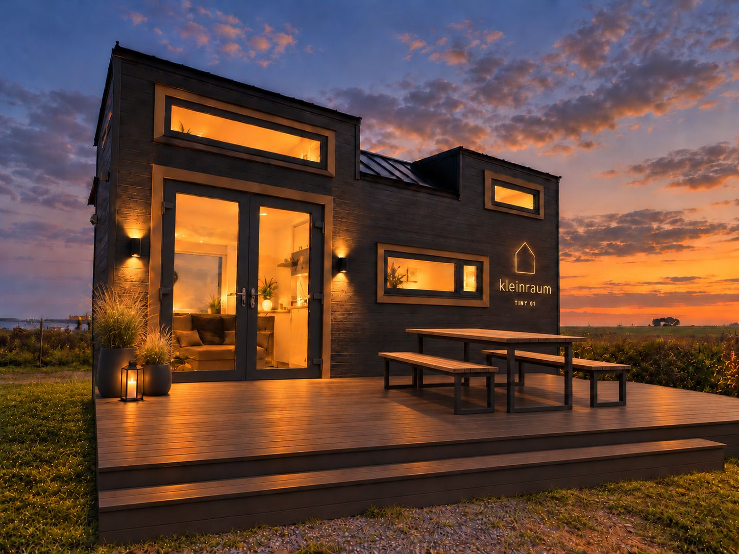 Visualisierung: Tiny House nach dem Umbau mit großem Holzdeck, Tisch und Bänken